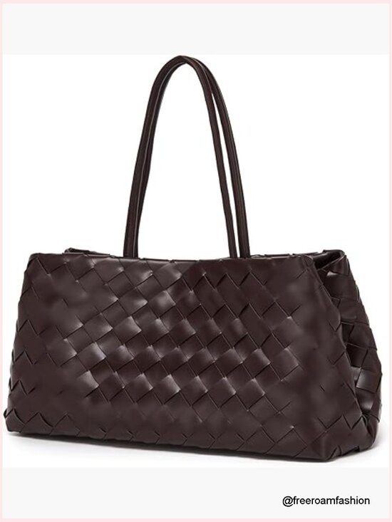 Handbags - Vegan Leather Woven Tote Bag with Magnetic Snap Closure for Work Travel